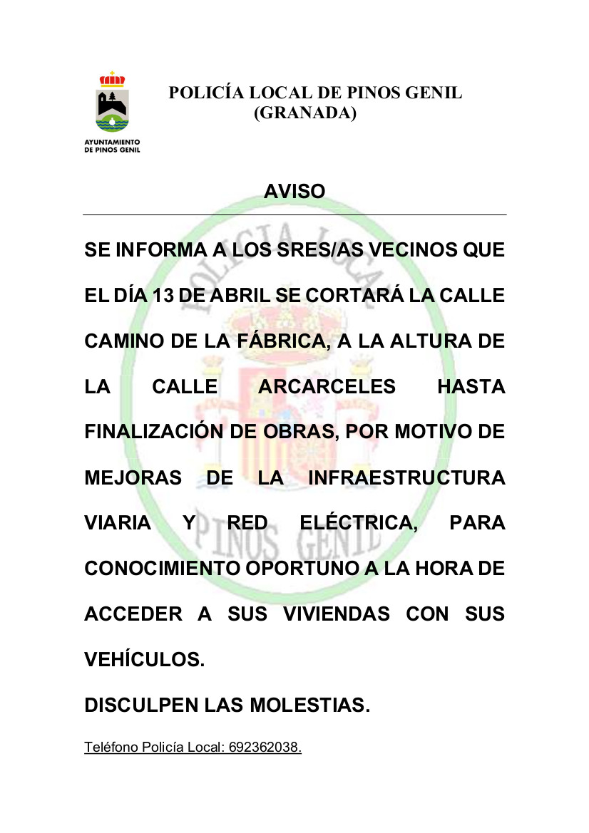 AVISO POR OBRA EN CALLE CAMINO DE LA FABRICA