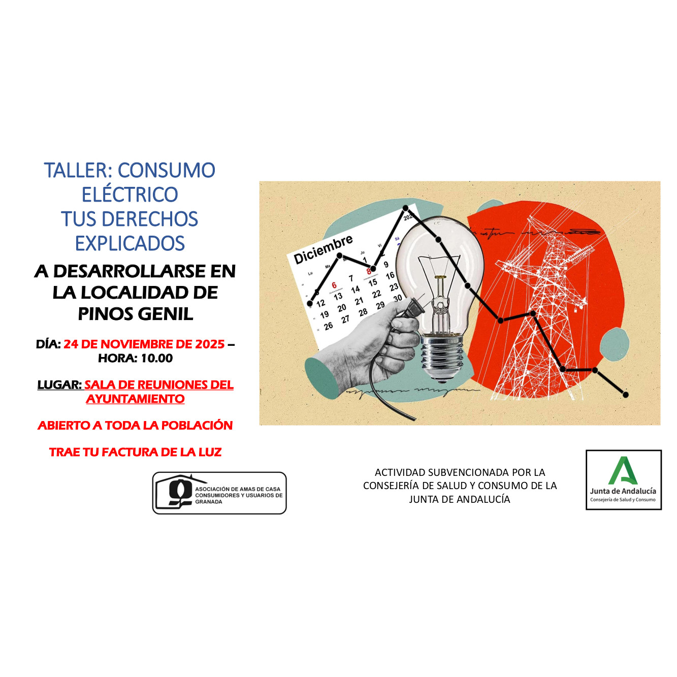 Taller "Consumo eléctrico, tus derechos explicados" Abierto a todos los vecinos . Trae tu factura de la luz.