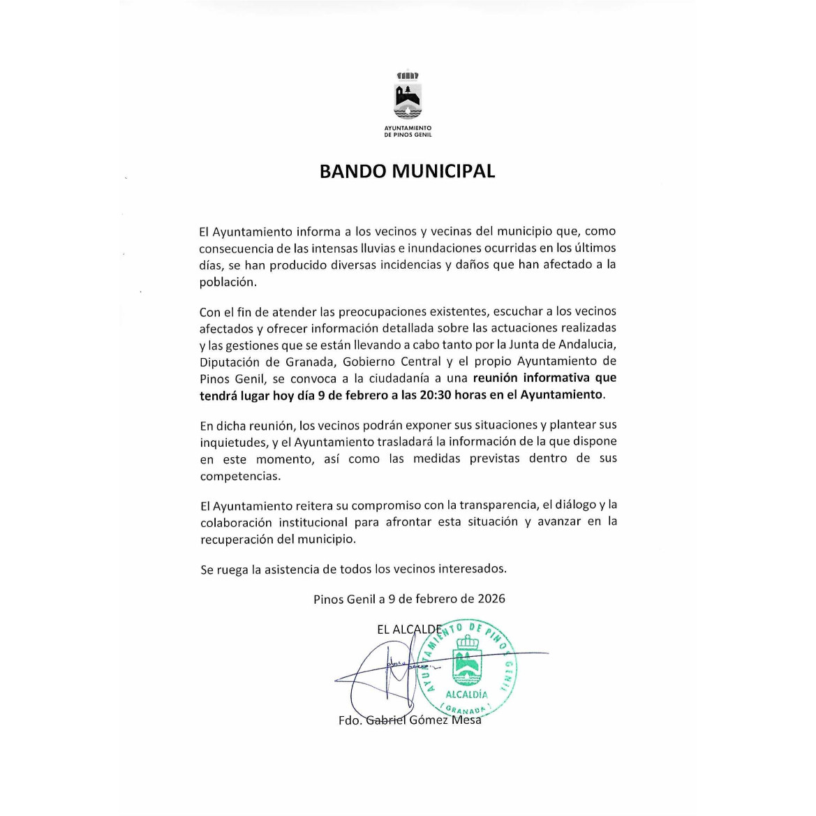 Reunión informativa del Ayuntamiento de Pinos Genil con los afectados por las últimas lluvias e inundaciones.