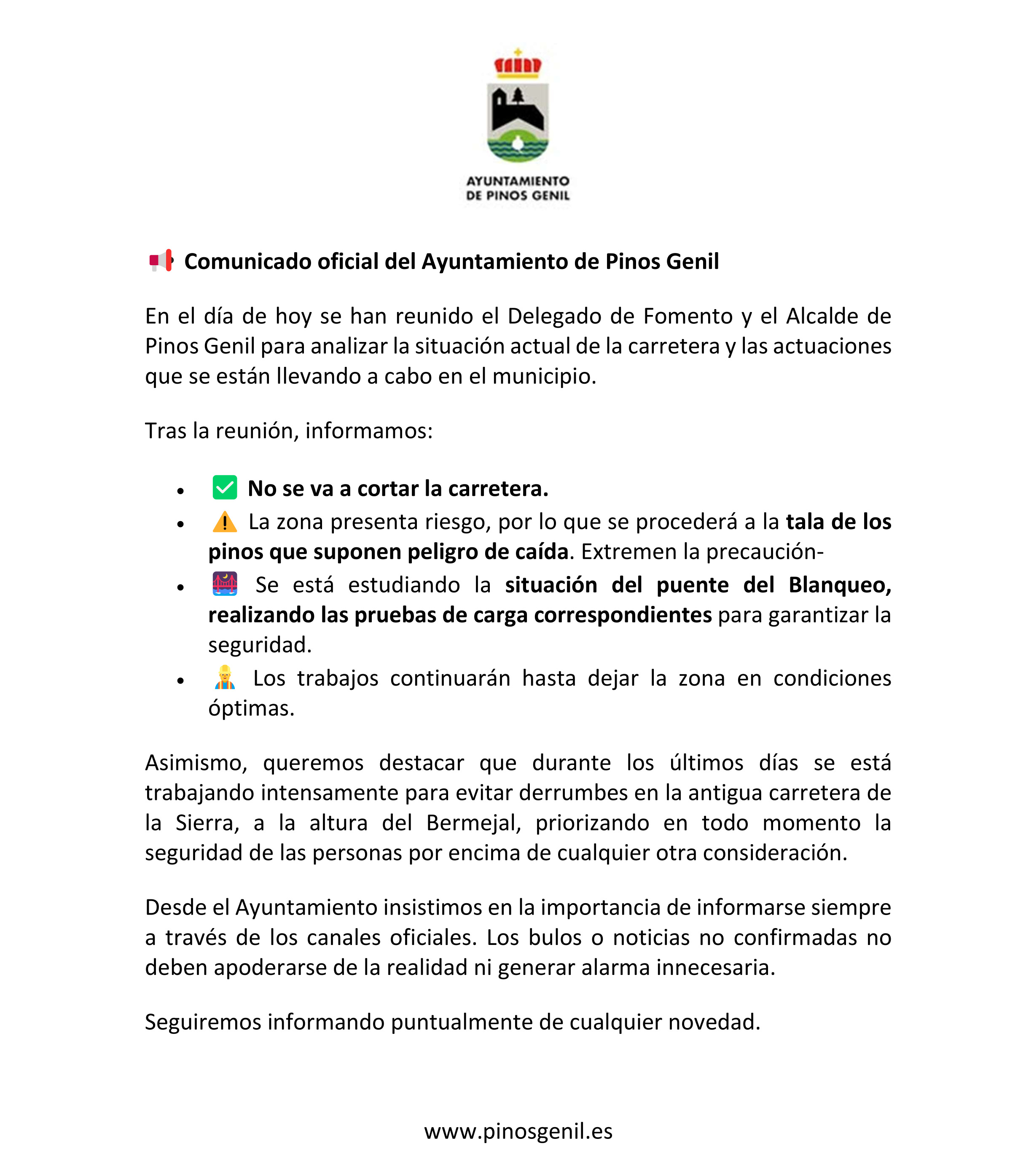📢 Comunicado oficial del Ayuntamiento de Pinos Genil