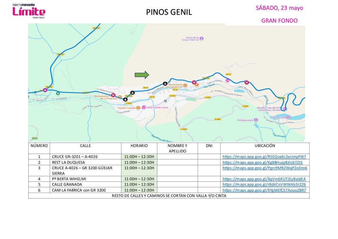 Horarios de paso por las calles de Pinos Genil de la Sierra Nevada límite Gran Fondo y Subida al Veleta del sábado 23 y domingo 24 de mayo.