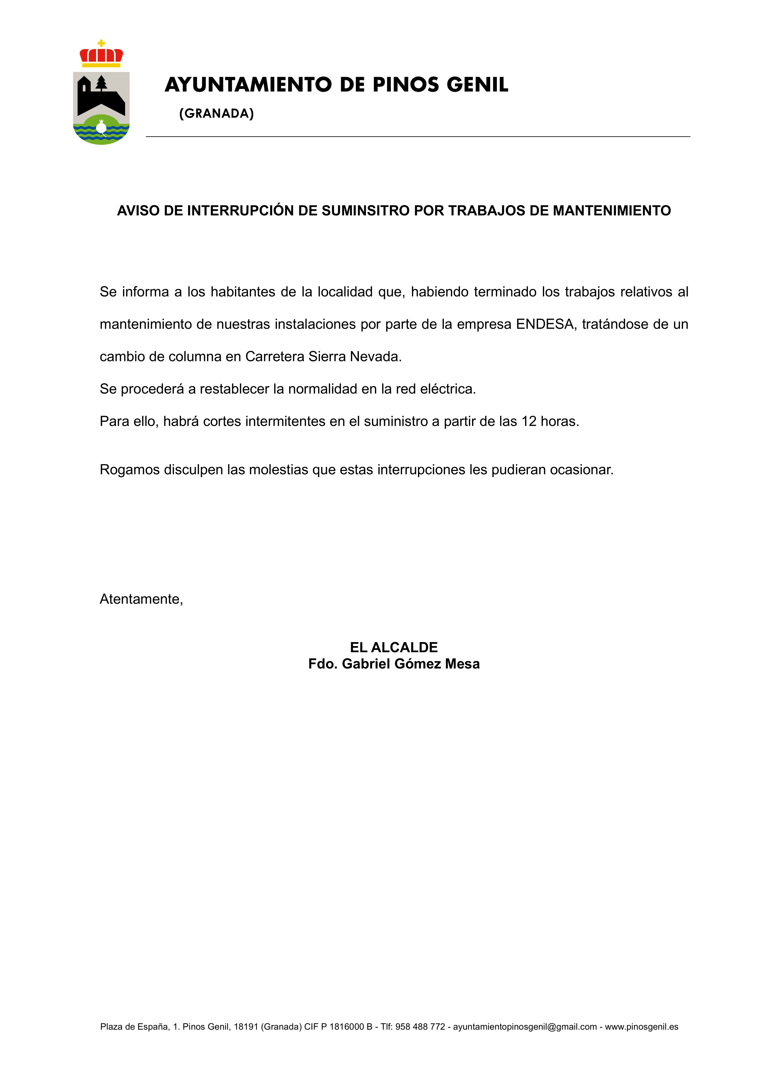 AVISO DE INTERRUPCIÓN DE SUMINSITRO ELÉCTRICO POR TRABAJOS DE MANTENIMIENTO